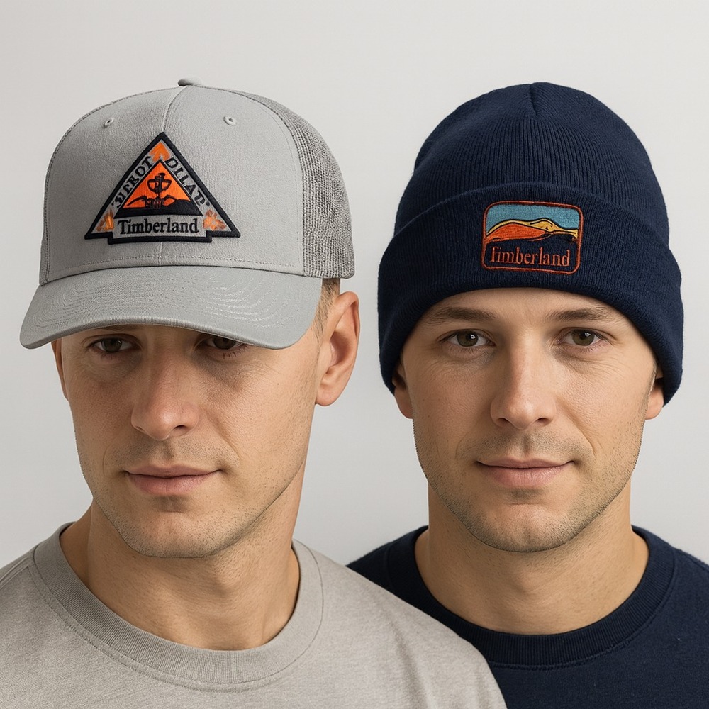 TIMBERLAND Hat Lot – Gray Trucker‎ Cap + Navy Knit Beanie Patch Logo Outdoor Hik